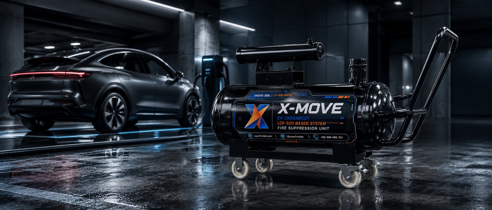 X-MOVE mobile EV fire unit beside a charging EV in a parking garage