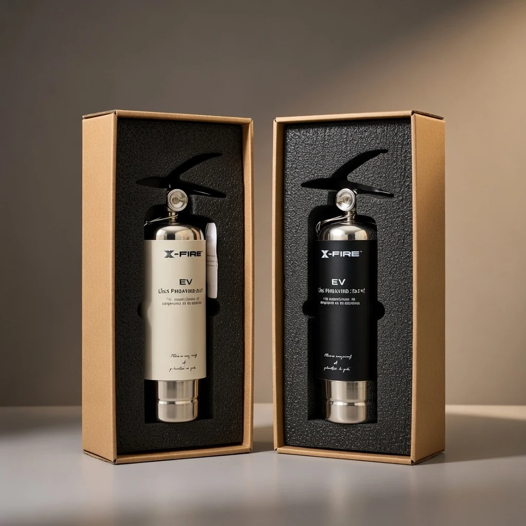 X-FIRE 1L EV fire suppression spray in cream and black, presented in gift boxes
