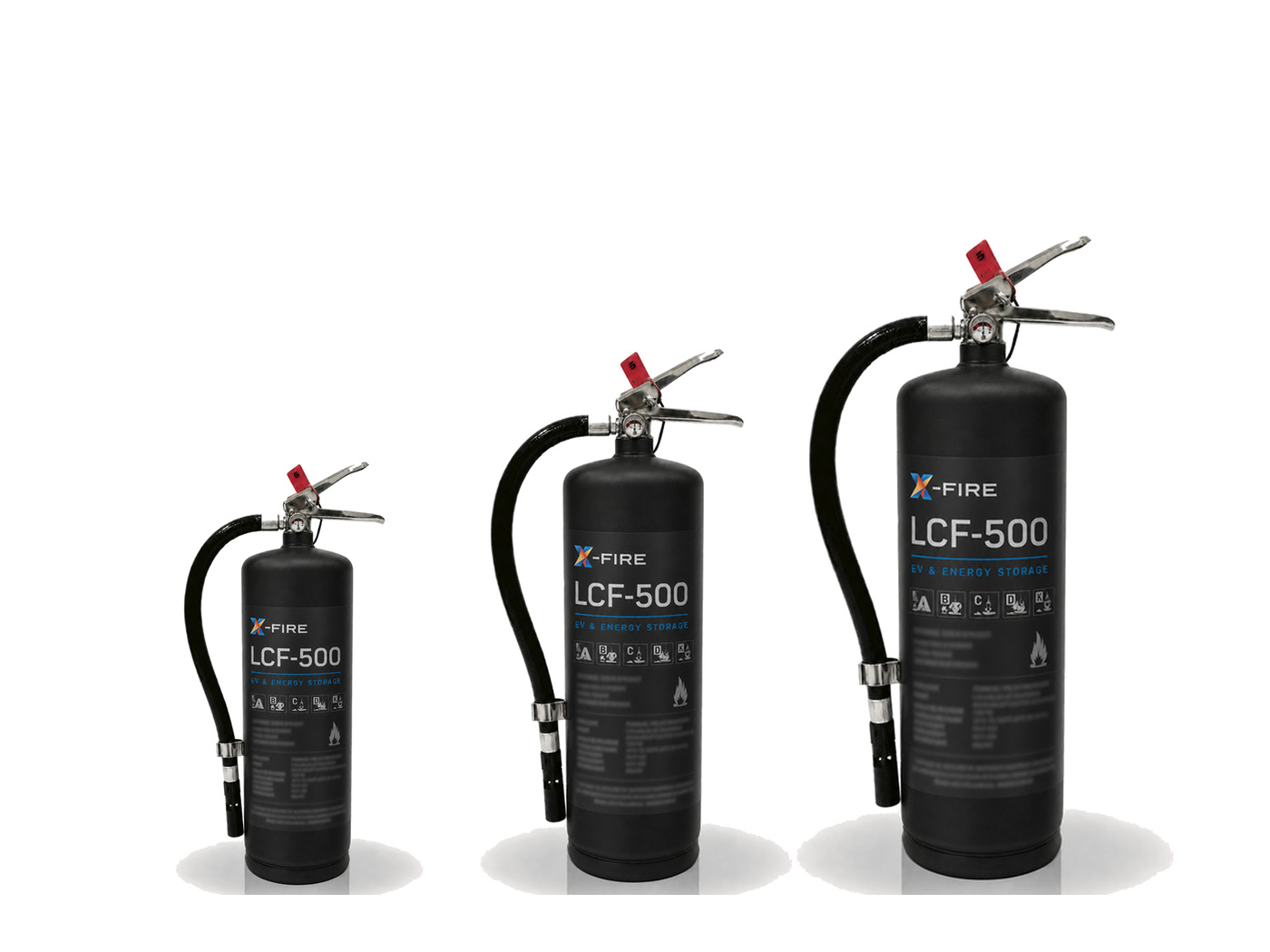 Three black anti-corrosion coated carbon steel X-FIRE extinguishers, 10 15 and 20 pound