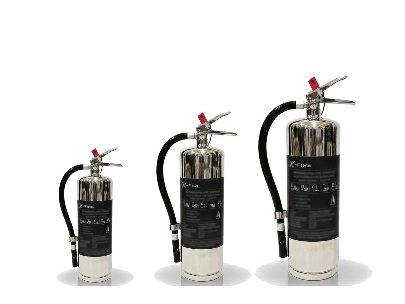 Three stainless steel 304 X-FIRE extinguishers, 10 15 and 20 pound