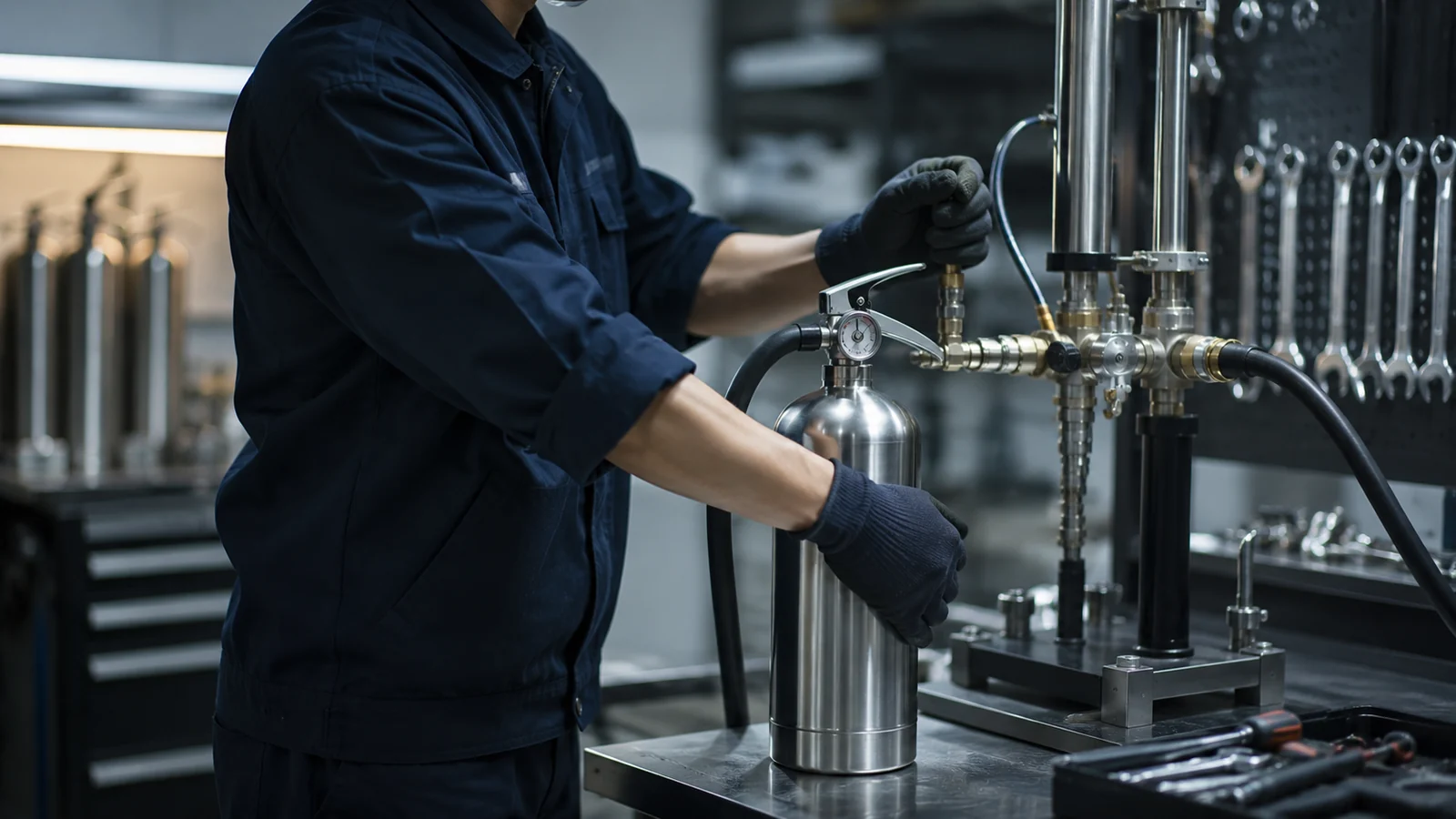 Technician refilling an extinguisher at the service bench