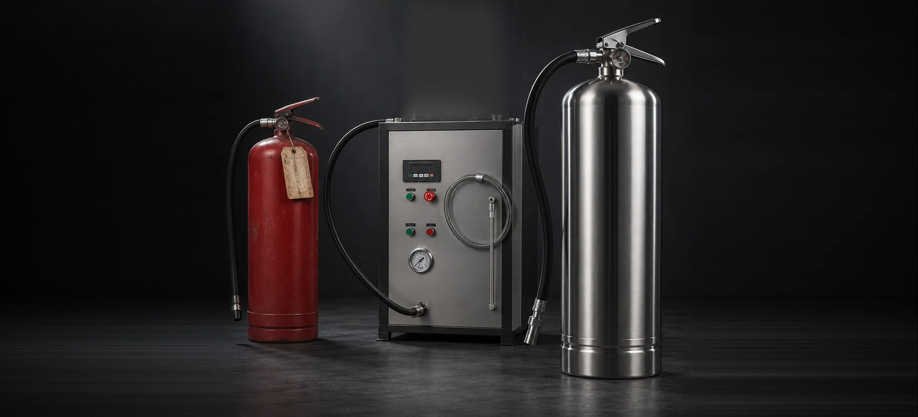 Used cylinder, X-FIRE refilling machine and a new unlabelled stainless cylinder side by side