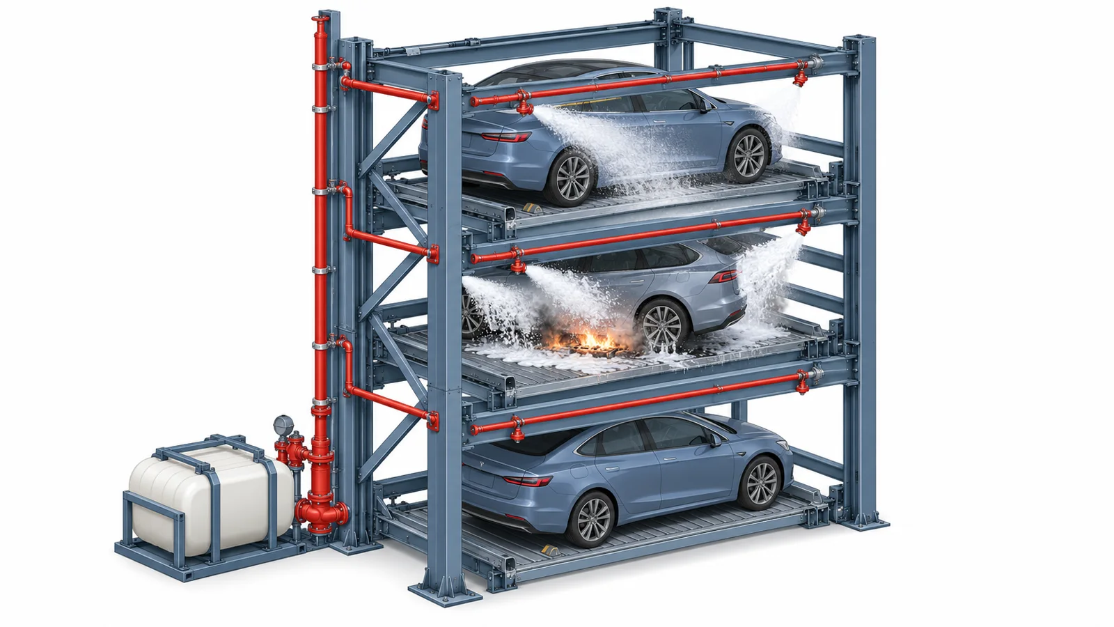 X-LIFT cutaway illustration, zoned foam discharge in stacked parking